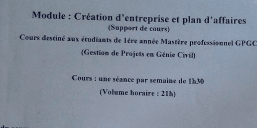 Master Prof Génie Civil cours de création d'entreprise